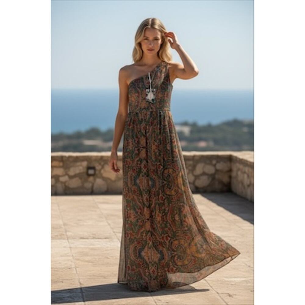Oliphant XS One Shoulder Smocked Maxi Dress NWT Boho Resort Metallic Vacation